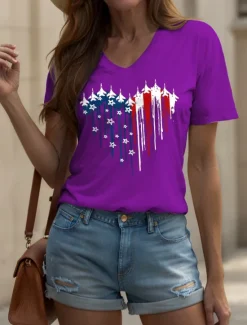 Women's Patriotic T Shirt Heart Graphic Star Vintage Stylish Classic Short Sleeve V Neck Regular Tops Daily Weekend Print Black White Pink Red Blue Summer Spring Women Independence Day Top