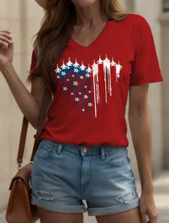 Women's Patriotic T Shirt Heart Graphic Star Vintage Stylish Classic Short Sleeve V Neck Regular Tops Daily Weekend Print Black White Pink Red Blue Summer Spring Women Independence Day Top