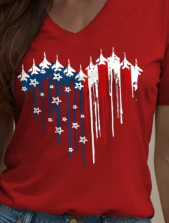 Women's Patriotic T Shirt Heart Graphic Star Vintage Stylish Classic Short Sleeve V Neck Regular Tops Daily Weekend Print Black White Pink Red Blue Summer Spring Women Independence Day Top