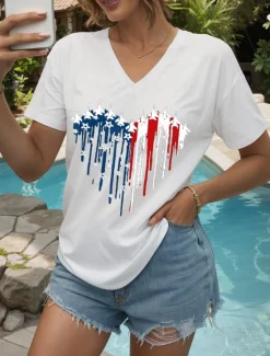 Women's Patriotic T Shirt Heart Graphic Star Vintage Stylish Classic Short Sleeve V Neck Regular Tops Daily Weekend Print Black White Pink Red Blue Summer Spring Women Independence Day Top