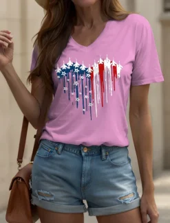 Women's Patriotic T Shirt Heart Graphic Star Vintage Stylish Classic Short Sleeve V Neck Regular Tops Daily Weekend Print Black White Pink Red Blue Summer Spring Women Independence Day Top
