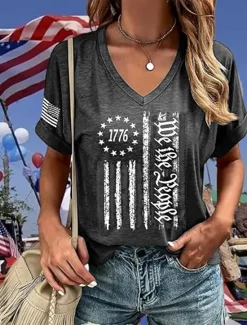 New Women's Patriotic T Shirt Graphic American Flag Vintage Stylish Classic Short Sleeve V Neck Regular Tops Daily Print Black Navy Blue Dark Gray Summer Spring Women Independence Day Top