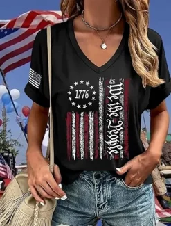 New Women's Patriotic T Shirt Graphic American Flag Vintage Stylish Classic Short Sleeve V Neck Regular Tops Daily Print Black Navy Blue Dark Gray Summer Spring Women Independence Day Top