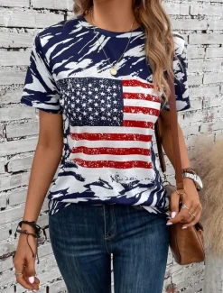 Women's Patriotic T Shirt USA National Flag Fashion Red White And Blue Short Sleeve Crew Neck Regular Tops Daily Weekend Print Summer Women Independence Day Top