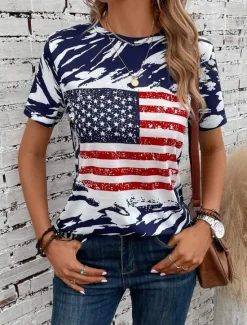 Women's Patriotic T Shirt USA National Flag Fashion Red White And Blue Short Sleeve Crew Neck Regular Tops Daily Weekend Print Summer Women Independence Day Top