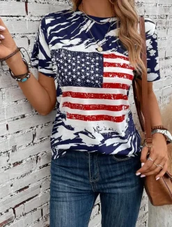 Women's Patriotic T Shirt USA National Flag Fashion Red White And Blue Short Sleeve Crew Neck Regular Tops Daily Weekend Print Summer Women Independence Day Top
