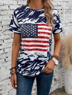 Women's Patriotic T Shirt USA National Flag Fashion Red White And Blue Short Sleeve Crew Neck Regular Tops Daily Weekend Print Summer Women Independence Day Top