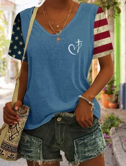 Online Women's Patriotic T Shirt Graphic Flag Vintage Stylish Classic Short Sleeve V Neck Regular Tops Daily Print Black Blue Purple Green Summer Spring Women Independence Day Top
