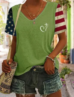 Online Women's Patriotic T Shirt Graphic Flag Vintage Stylish Classic Short Sleeve V Neck Regular Tops Daily Print Black Blue Purple Green Summer Spring Women Independence Day Top