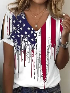 Women's Patriotic T Shirt Graphic American Flag Vintage Stylish Classic Short Sleeve V Neck Regular Tops Daily Going out Weekend Print White Red Blue Red / Blue Women Independence Day Top