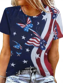 Outlet Women's Patriotic T Shirt Graphic Flag Vintage Stylish Casual Short Sleeve Crew Neck Regular Tops Daily Weekend Print Red Blue Summer Spring Women Independence Day Top