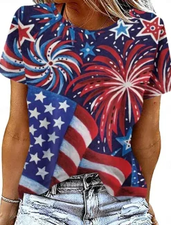 Outlet Women's Patriotic T Shirt Graphic Flag Vintage Stylish Casual Short Sleeve Crew Neck Regular Tops Daily Weekend Print Red Blue Summer Spring Women Independence Day Top