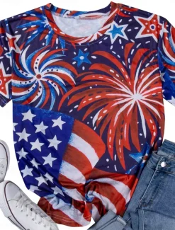 Outlet Women's Patriotic T Shirt Graphic Flag Vintage Stylish Casual Short Sleeve Crew Neck Regular Tops Daily Weekend Print Red Blue Summer Spring Women Independence Day Top