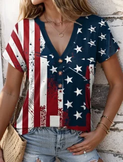 Best Women's Patriotic T Shirt American Flag Stylish Red White And Short Sleeve V Neck Regular Tops Daily Buttons Print Summer Women Independence Day Top