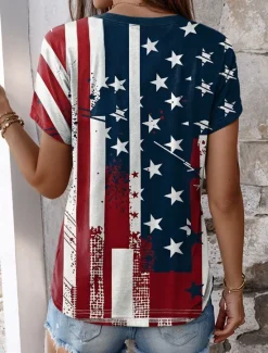 Best Women's Patriotic T Shirt American Flag Stylish Red White And Short Sleeve V Neck Regular Tops Daily Buttons Print Summer Women Independence Day Top