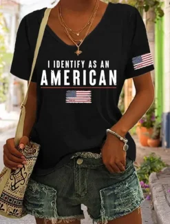 Best Women's Patriotic T Shirt Graphic American Flag Vintage Stylish Classic Short Sleeve V Neck Regular Tops Daily Weekend Print Black White Blue Green Summer Women Independence Day Top
