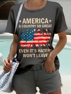 Discount Women's Patriotic T Shirt Graphic Flag Letter Stylish Casual Short Sleeve Round Neck Regular Tops Daily Weekend Print Black Army Green Blue Dark Gray Summer Spring Women Independence Day Top
