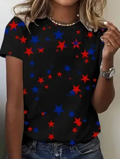 Discount Women's Patriotic T Shirt Graphic Star Vintage Stylish Classic Short Sleeve Crew Neck Regular Tops Daily Weekend Print Black White Pink Summer Women Independence Day Top