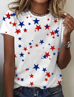 Discount Women's Patriotic T Shirt Graphic Star Vintage Stylish Classic Short Sleeve Crew Neck Regular Tops Daily Weekend Print Black White Pink Summer Women Independence Day Top