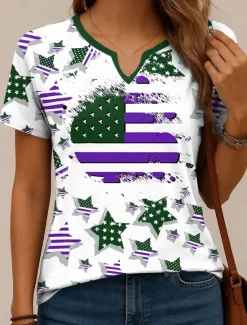 Best Women's Patriotic T Shirt Graphic Flag Vintage Stylish Classic Short Sleeve Notched Neck Regular Tops Daily Weekend Print Red Navy Blue Purple Green Summer Spring Women Independence Day Top