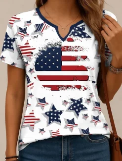 Best Women's Patriotic T Shirt Graphic Flag Vintage Stylish Classic Short Sleeve Notched Neck Regular Tops Daily Weekend Print Red Navy Blue Purple Green Summer Spring Women Independence Day Top
