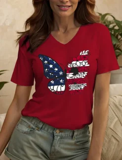 Clearance Women's Patriotic T Shirt Floral Graphic Animal Vintage Stylish Classic Short Sleeve V Neck Regular Tops Daily Print Black White Pink Red Blue Summer Spring Women Independence Day Top