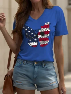 Clearance Women's Patriotic T Shirt Floral Graphic Animal Vintage Stylish Classic Short Sleeve V Neck Regular Tops Daily Print Black White Pink Red Blue Summer Spring Women Independence Day Top