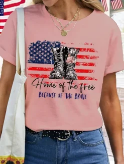 Discount Women's Patriotic T Shirt American Flag National Flag Fashion Basic Short Sleeve Crew Neck Regular Tops Casual Weekend Print White Pink Summer Women Independence Day Top