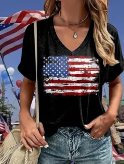 Online Women's Patriotic T Shirt Graphic American Flag Vintage Stylish Classic Short Sleeve V Neck Regular Tops Daily Weekend Print Summer Spring Women Independence Day Top