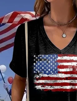 Online Women's Patriotic T Shirt Graphic American Flag Vintage Stylish Classic Short Sleeve V Neck Regular Tops Daily Weekend Print Summer Spring Women Independence Day Top