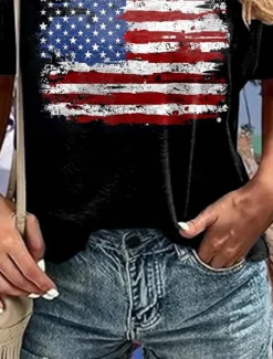 Online Women's Patriotic T Shirt Graphic American Flag Vintage Stylish Classic Short Sleeve V Neck Regular Tops Daily Weekend Print Summer Spring Women Independence Day Top