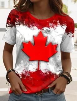 Outlet Women's Patriotic T Shirt Graphic Flag Maple Leaf Vintage Stylish Casual Short Sleeve Crew Neck Regular Tops Daily Weekend Print Red Fuchsia Summer Spring Women Independence Day Top