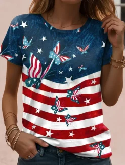 Sale Women's Patriotic T Shirt Graphic Flag Vintage Casual Short Sleeve Crew Neck Regular Tops Daily Weekend Print White Red Blue Dusty Blue Summer Spring Women Independence Day Top