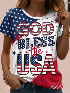 Sale Women's Patriotic T Shirt Graphic Flag Vintage Casual Short Sleeve Crew Neck Regular Tops Daily Weekend Print White Red Blue Dusty Blue Summer Spring Women Independence Day Top