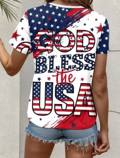 Sale Women's Patriotic T Shirt Graphic Flag Vintage Casual Short Sleeve Crew Neck Regular Tops Daily Weekend Print White Red Blue Dusty Blue Summer Spring Women Independence Day Top