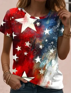 Sale Women's Patriotic T Shirt Graphic Flag Vintage Casual Short Sleeve Crew Neck Regular Tops Daily Weekend Print White Red Blue Dusty Blue Summer Spring Women Independence Day Top