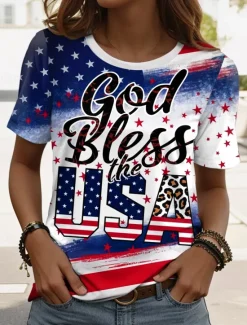 Sale Women's Patriotic T Shirt Graphic Flag Vintage Casual Short Sleeve Crew Neck Regular Tops Daily Weekend Print White Red Blue Dusty Blue Summer Spring Women Independence Day Top