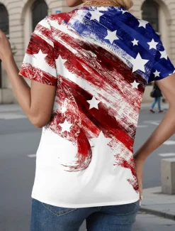 Clearance Women's Patriotic T Shirt Flag American Flag National Flag Stylish Casual Red White And Blue Short Sleeve V Neck Regular Tops Daily Print Summer Spring Women Independence Day Top