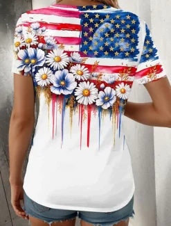 Women's Patriotic T Shirt Graphic American Flag Vintage Stylish Classic Short Sleeve V Neck Regular Tops Daily Weekend Print Summer Women Independence Day Top