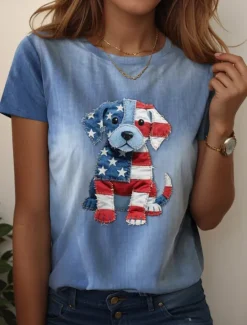 Online Women's Patriotic T Shirt Graphic Animal Cat Vintage Stylish Classic Short Sleeve Crew Neck Regular Tops Daily Weekend Print White Blue Summer Spring Women T-Shirts|Independence Day Top