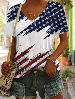 Online Women's Patriotic T Shirt Graphic American Flag Vintage Stylish Classic Short Sleeve V Neck Regular Tops Daily Weekend Print Summer Spring Women Independence Day Top