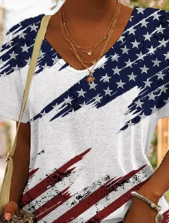 Online Women's Patriotic T Shirt Graphic American Flag Vintage Stylish Classic Short Sleeve V Neck Regular Tops Daily Weekend Print Summer Spring Women Independence Day Top