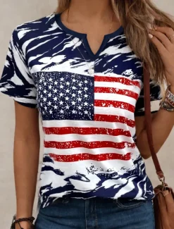 Sale Women's Patriotic T Shirt American Flag Camo Print Red White And Blue Short Sleeve V Neck Button Detail Casual Summer Top Regular Plus Size Clothing Apparel Women Independence Day Top