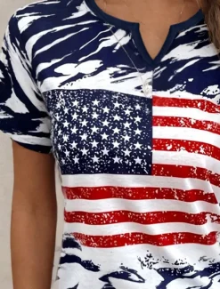 Sale Women's Patriotic T Shirt American Flag Camo Print Red White And Blue Short Sleeve V Neck Button Detail Casual Summer Top Regular Plus Size Clothing Apparel Women Independence Day Top