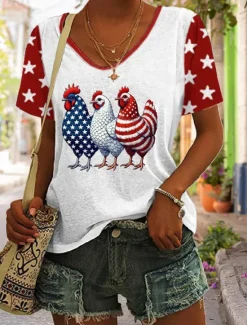 Discount Women's Patriotic T Shirt Graphic Animal Flag Stylish Casual Short Sleeve V Neck Regular Tops Daily Print Black White Red Summer Spring Women Independence Day Top