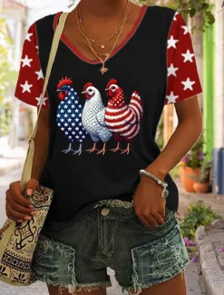 Discount Women's Patriotic T Shirt Graphic Animal Flag Stylish Casual Short Sleeve V Neck Regular Tops Daily Print Black White Red Summer Spring Women Independence Day Top