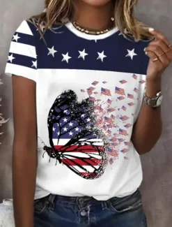 Women's Patriotic T Shirt Graphic Flag Vintage Stylish Classic Short Sleeve Crew Neck Round Neck Regular Tops Daily Weekend Print Black White Red Blue Summer Spring Women Independence Day Top