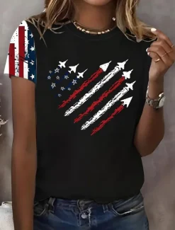 Women's Patriotic T Shirt Graphic Flag Vintage Stylish Classic Short Sleeve Crew Neck Round Neck Regular Tops Daily Weekend Print Black White Red Blue Summer Spring Women Independence Day Top