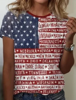 Women's Patriotic T Shirt Graphic Flag Vintage Stylish Classic Short Sleeve Crew Neck Round Neck Regular Tops Daily Weekend Print Black White Red Blue Summer Spring Women Independence Day Top