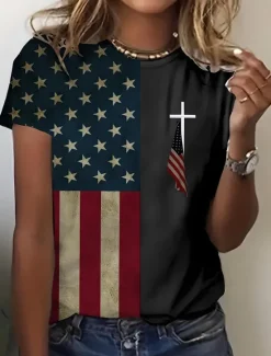 Women's Patriotic T Shirt Graphic Flag Vintage Stylish Classic Short Sleeve Crew Neck Round Neck Regular Tops Daily Weekend Print Black White Red Blue Summer Spring Women Independence Day Top